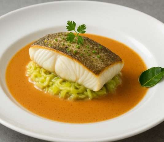 Steinbutt auf Lauchfondue mit Krustentier-Bisque und Kaffirlimette Steinbutt-Lauchfondue-Krustentier-Bisque-Kaffirlimette