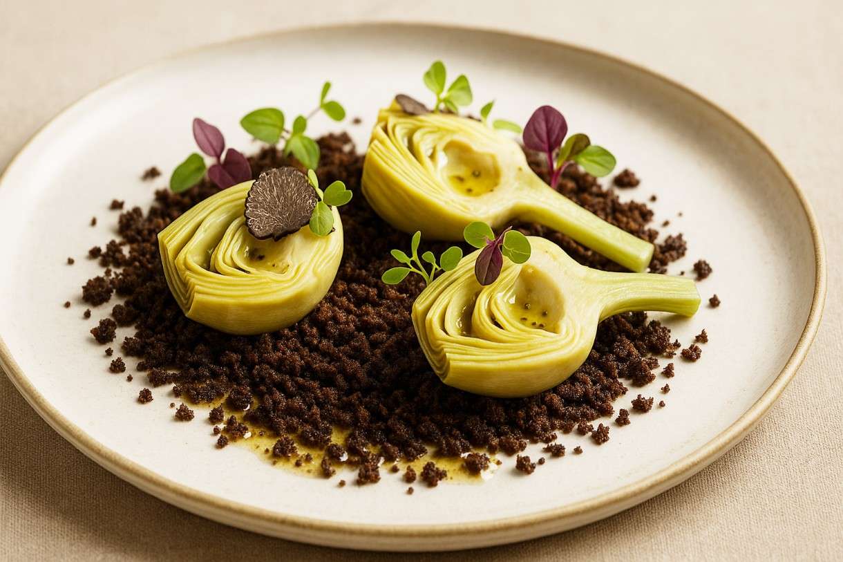 Sterne-Küche am eigenen Herd: Artischockenherzen mit Trüffel-Vinaigrette und Pumpernickel-Crunch