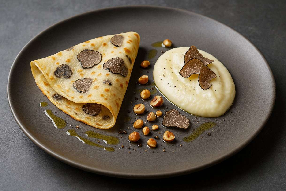 Sterne-Küche am eigenen Herd - Trüffel-Crêpes mit Sellerie-Püree und Haselnussöl