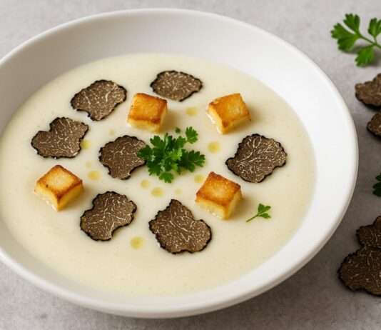 Velouté von Petersilienwurzel mit schwarzem Trüffel & Brioche-Croutons Velouté-von-Petersilienwurzel-mit-schwarzem-Trüffel-Brioche-Croutons