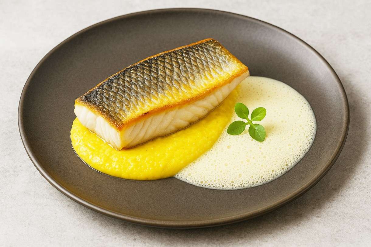 Zander auf Safran-Polenta mit Noilly-Prat-Schaum