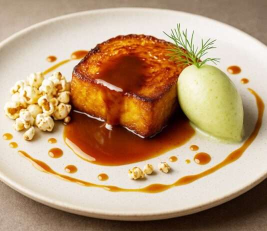 Brioche perdu mit Pastis-Karamell, Fenchelsorbet und Anis-Popcorn Brioche-perdu-Pastis-Karamell-Fenchelsorbet-Anis-Popcorn