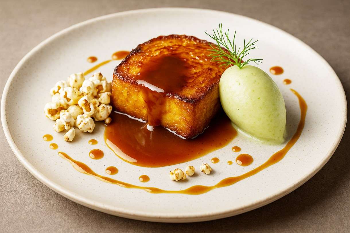 Brioche perdu mit Pastis-Karamell, Fenchelsorbet und Anis-Popcorn