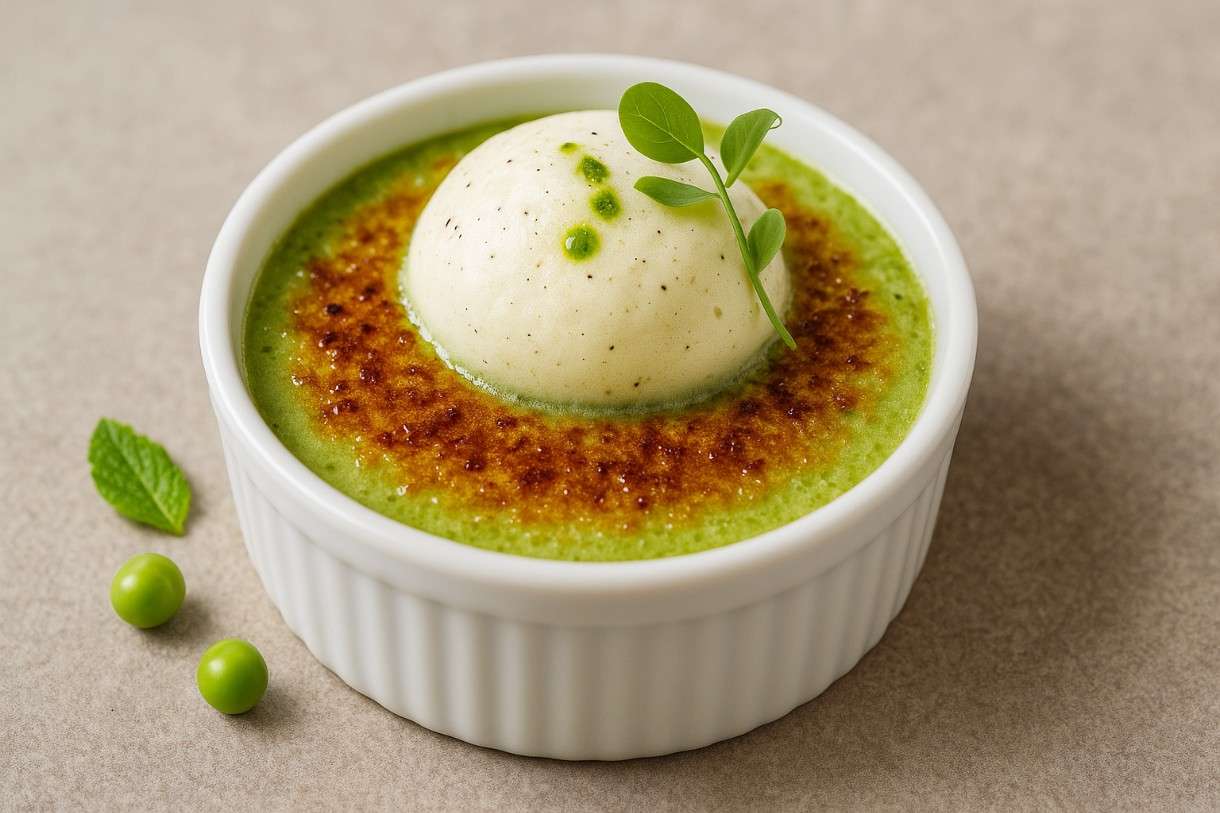 Crème brûlée von der Erbsenschote mit Parmesanschaum