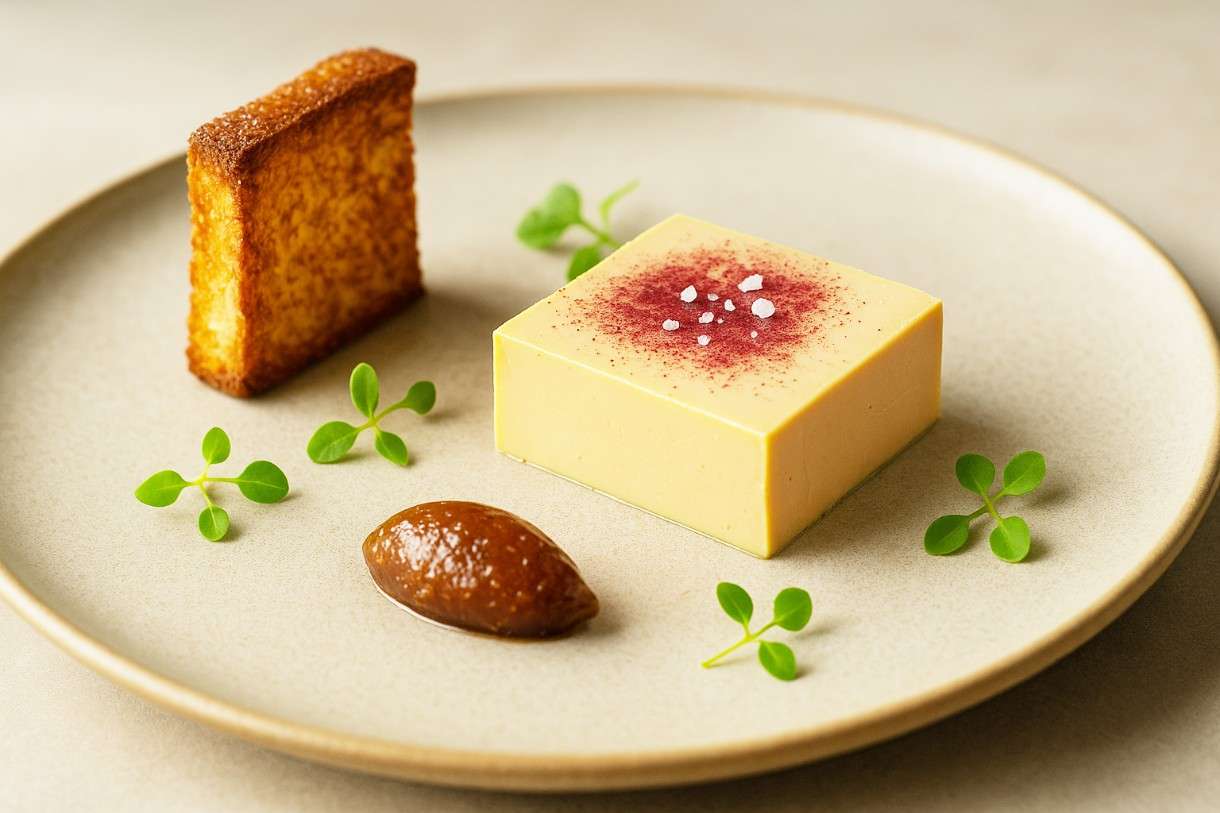Moderne französische Küche mit Algen: Foie Gras au Sel Marin et Poudre de Dulse