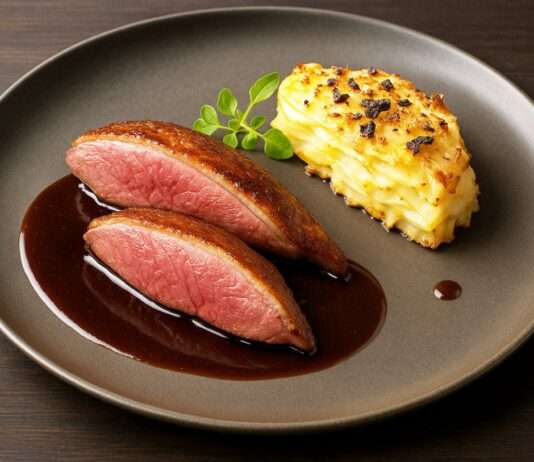 Gebratene Taubenbrust mit Espressojus und Sellerie-Trüffelgratin Gebratene-Taubenbrust-Espressojus-Sellerie-Trüffelgratin