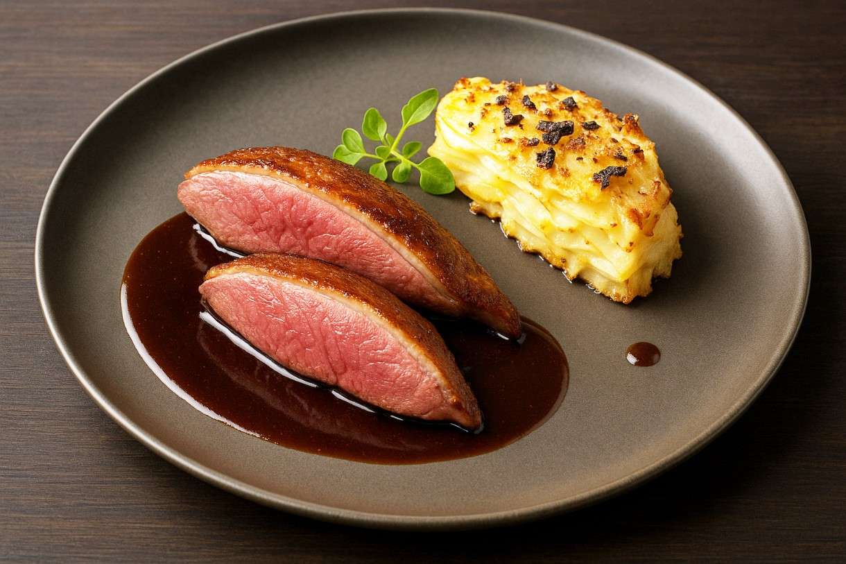 Gebratene Taubenbrust mit Espressojus und Sellerie-Trüffelgratin