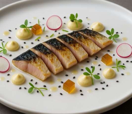 Geflämmte Makrele mit Ponzu-Gelee und Dijon-Senf-Crème Geflämmte-Makrele-Ponzu-Gelee-Dijon-Senf-Crème