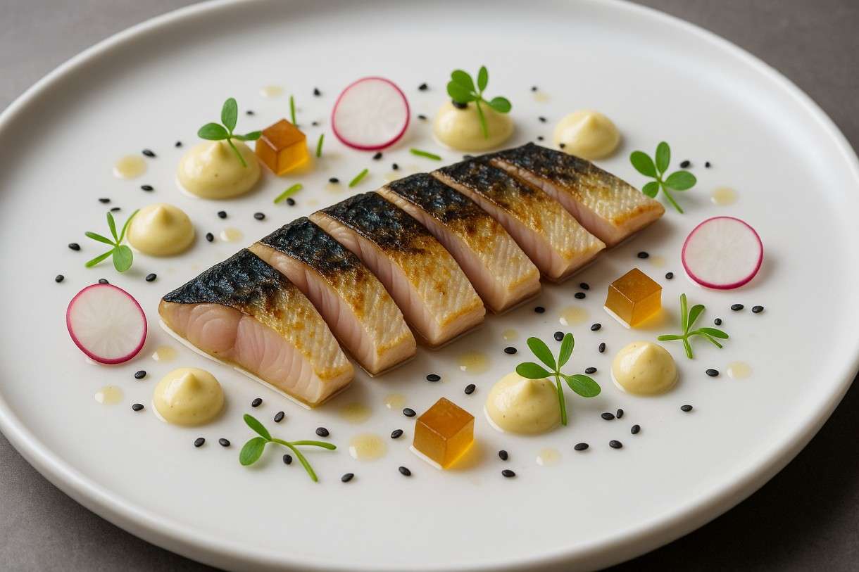 Geflämmte Makrele mit Ponzu-Gelee und Dijon-Senf-Crème