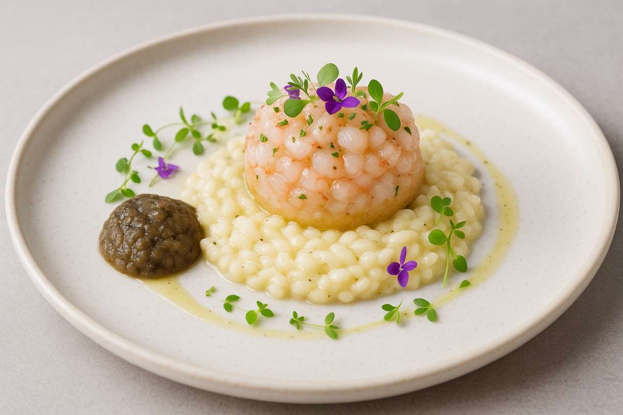 Langoustine-Tatar auf Vanille-Risotto mit Caviar d’Aubergine