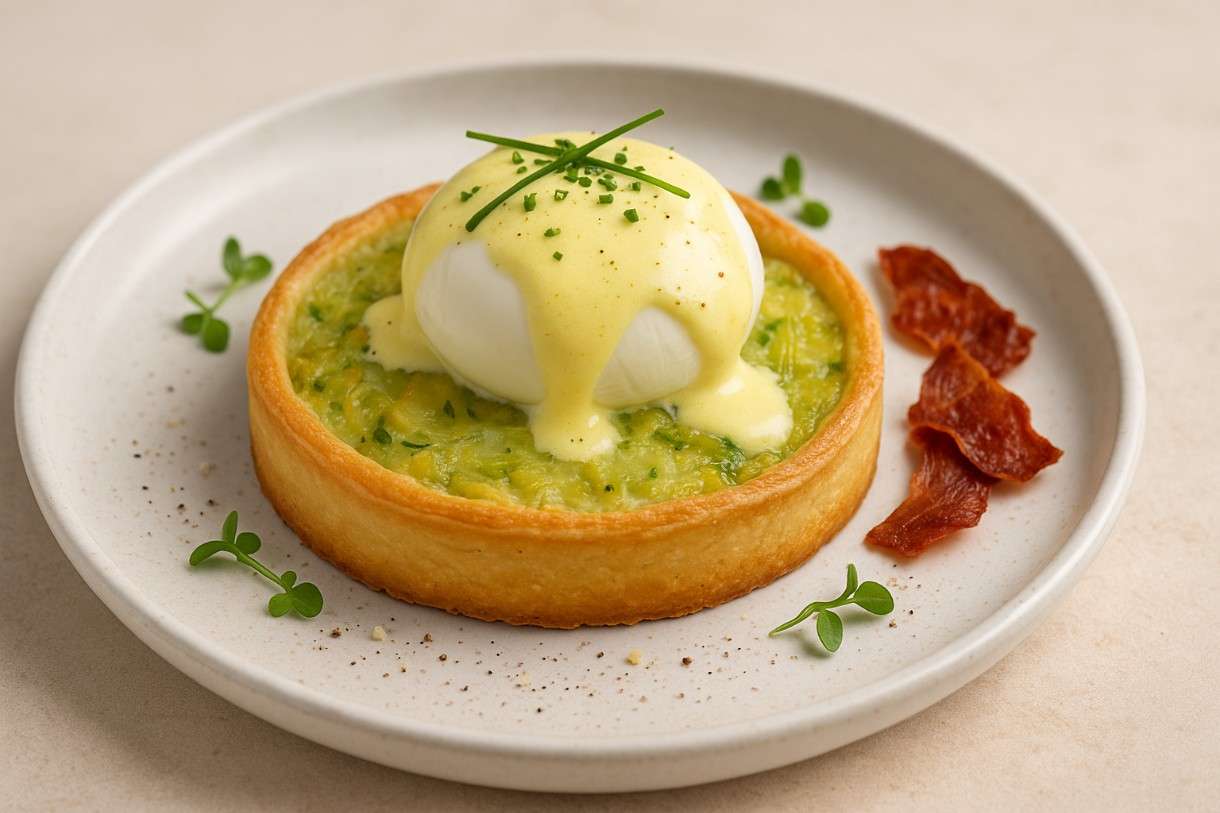 Lauch-Tarte mit pochiertem Ei und Champagner-Hollandaise