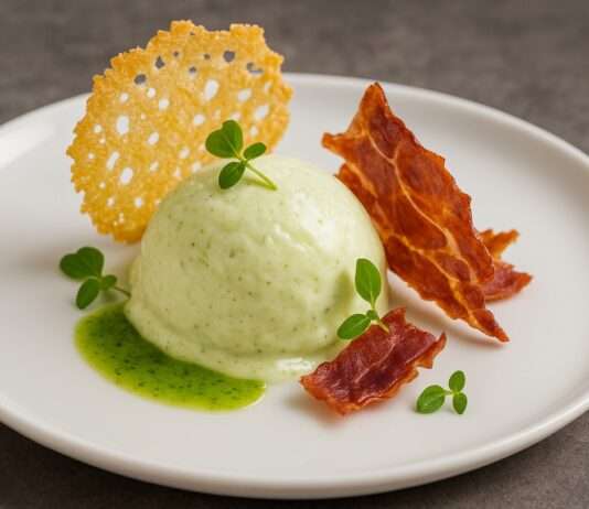 Lauch-Vichyssoise-Eis mit krossem Schinken und Parmesanchip Lauch-Vichyssoise-Eis-mit-krossem-Schinken-und-Parmesanchip