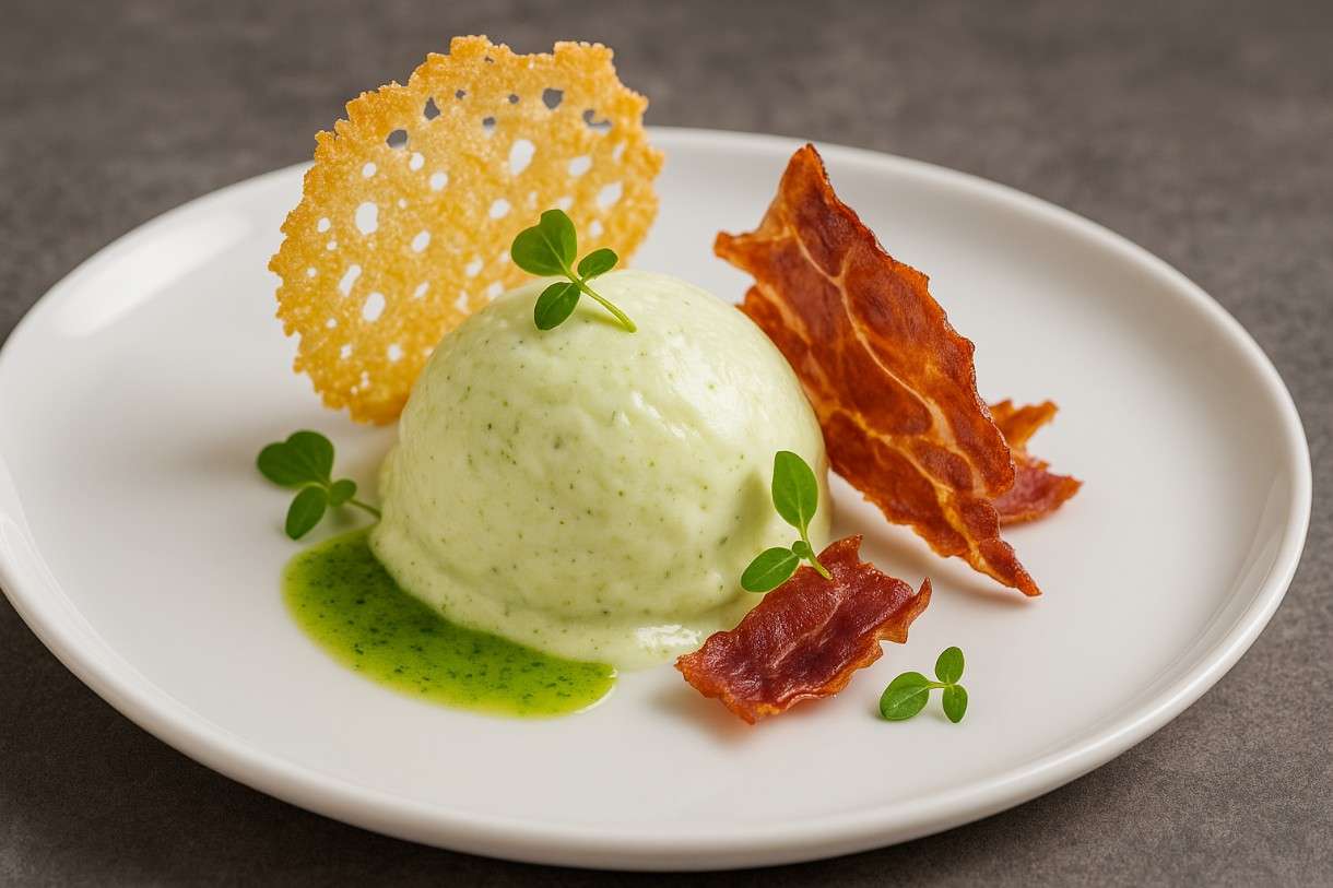 Lauch-Vichyssoise-Eis mit krossem Schinken und Parmesanchip