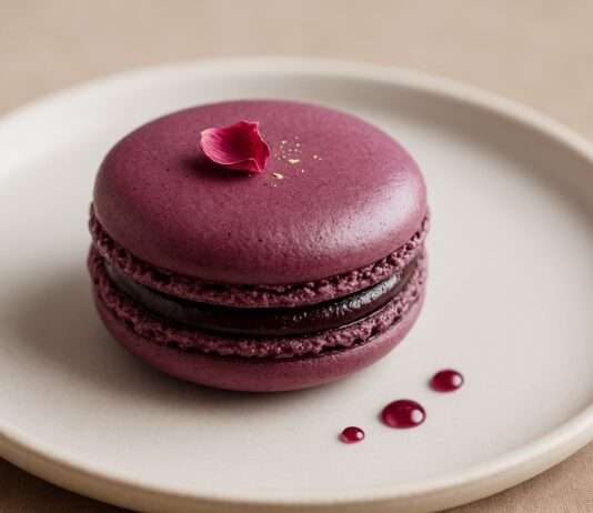 Macaron „Cœur de Cassis“ mit Tonkabohnen-Ganache und Rosenöl Macaron-Cœur-de-Cassis-Tonkabohnen-Ganache-Rosenöl