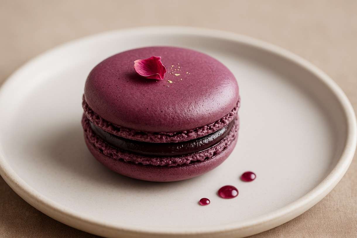 Macaron „Cœur de Cassis“ mit Tonkabohnen-Ganache und Rosenöl