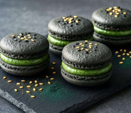 Moderne französische Küche mit Algen: Macaron au Sésame Noir et Spiruline Macaron-au-Sésame-Noir-et-Spiruline