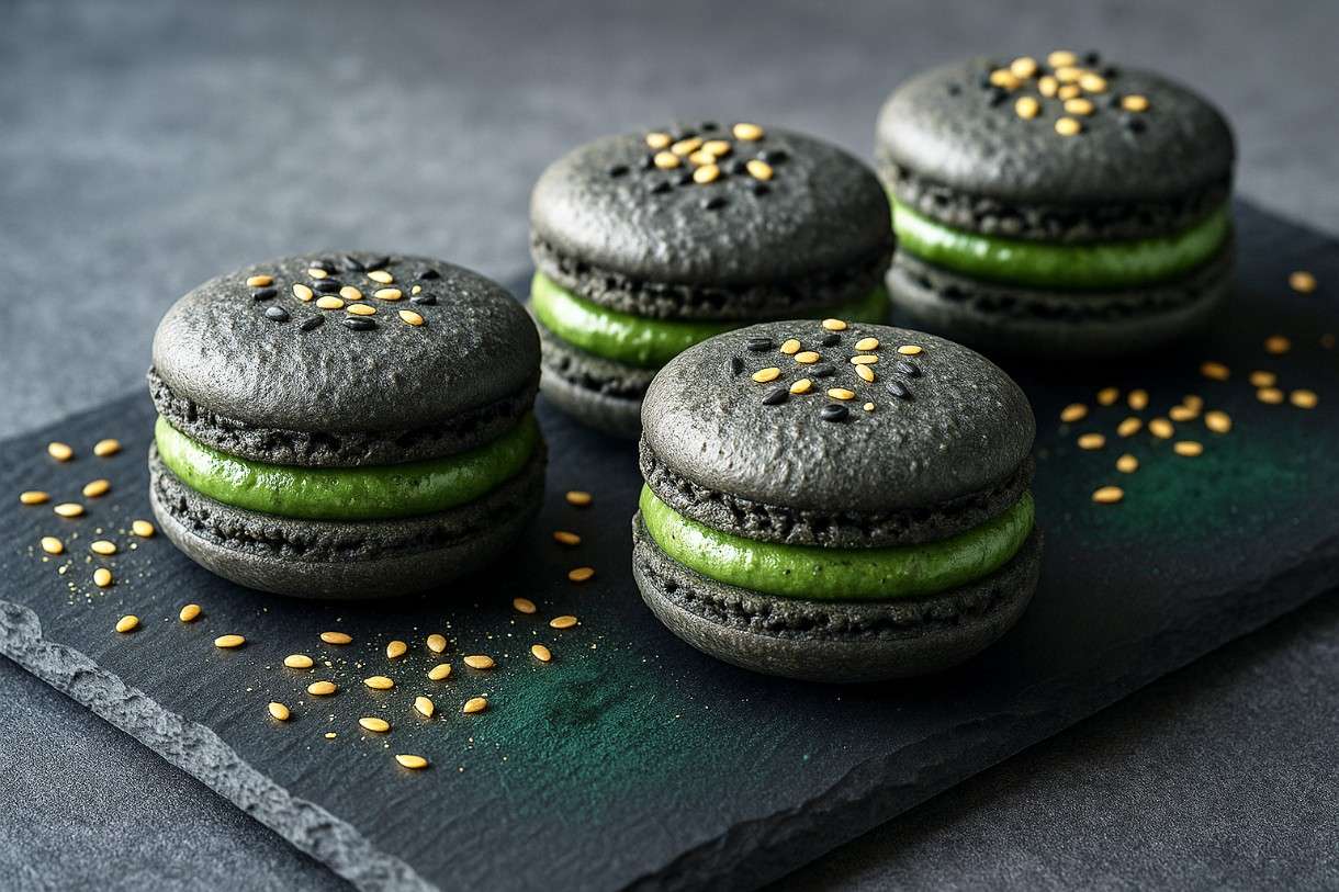 Moderne französische Küche mit Algen: Macaron au Sésame Noir et Spiruline