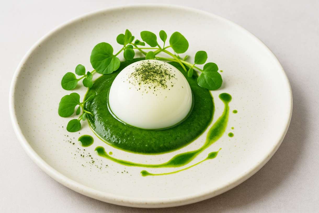 Moderne französische Küche mit Algen: Oeuf Parfait avec Émulsion d’Algues et Cresson
