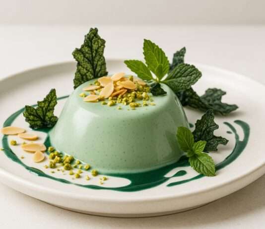 Moderne französische Küche mit Algen: Panna Cotta à l’Amande et Spiruline Verte Panna-Cotta-à-l-Amande-et-Spiruline-Verte