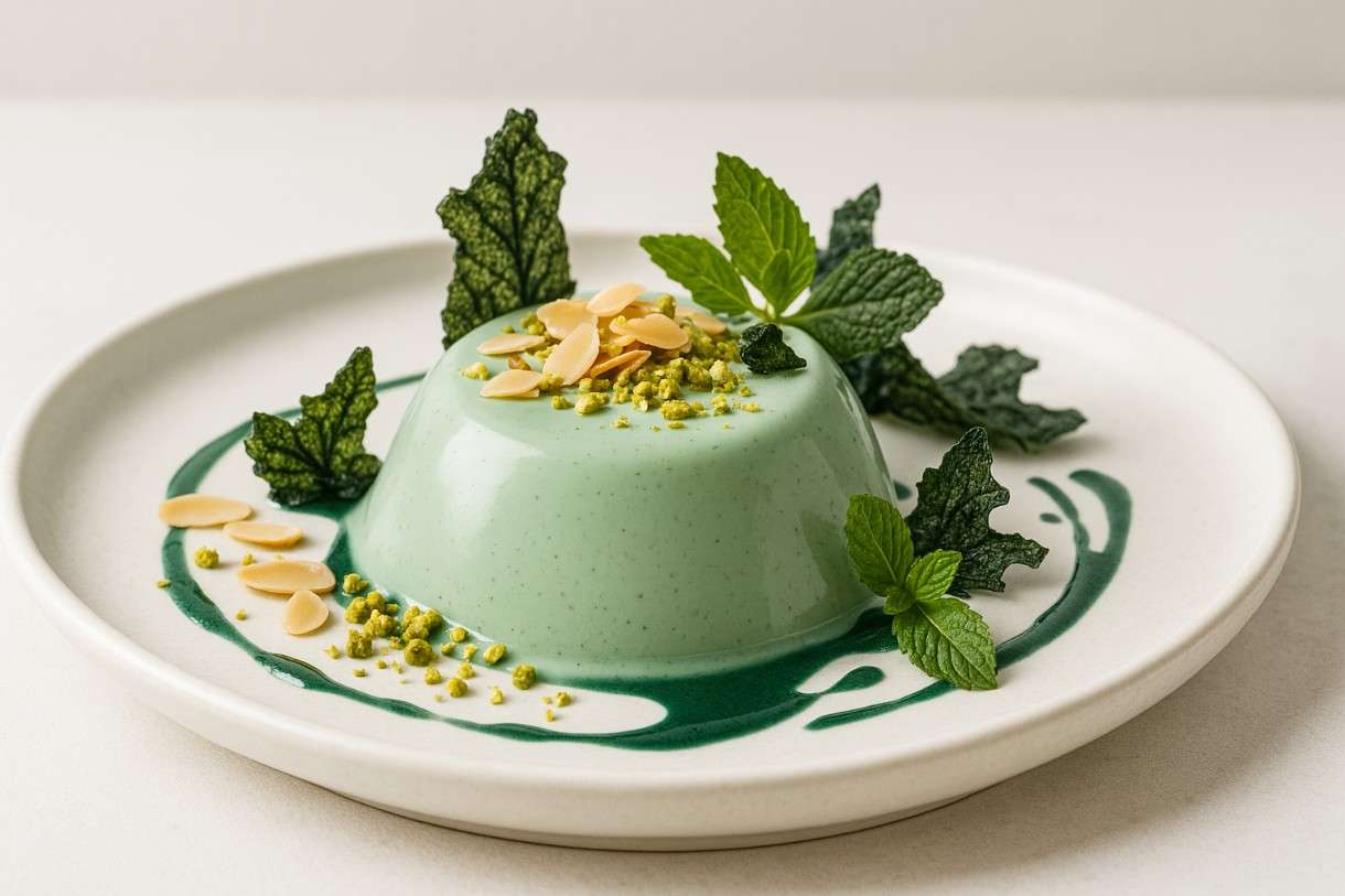Moderne französische Küche mit Algen: Panna Cotta à l’Amande et Spiruline Verte