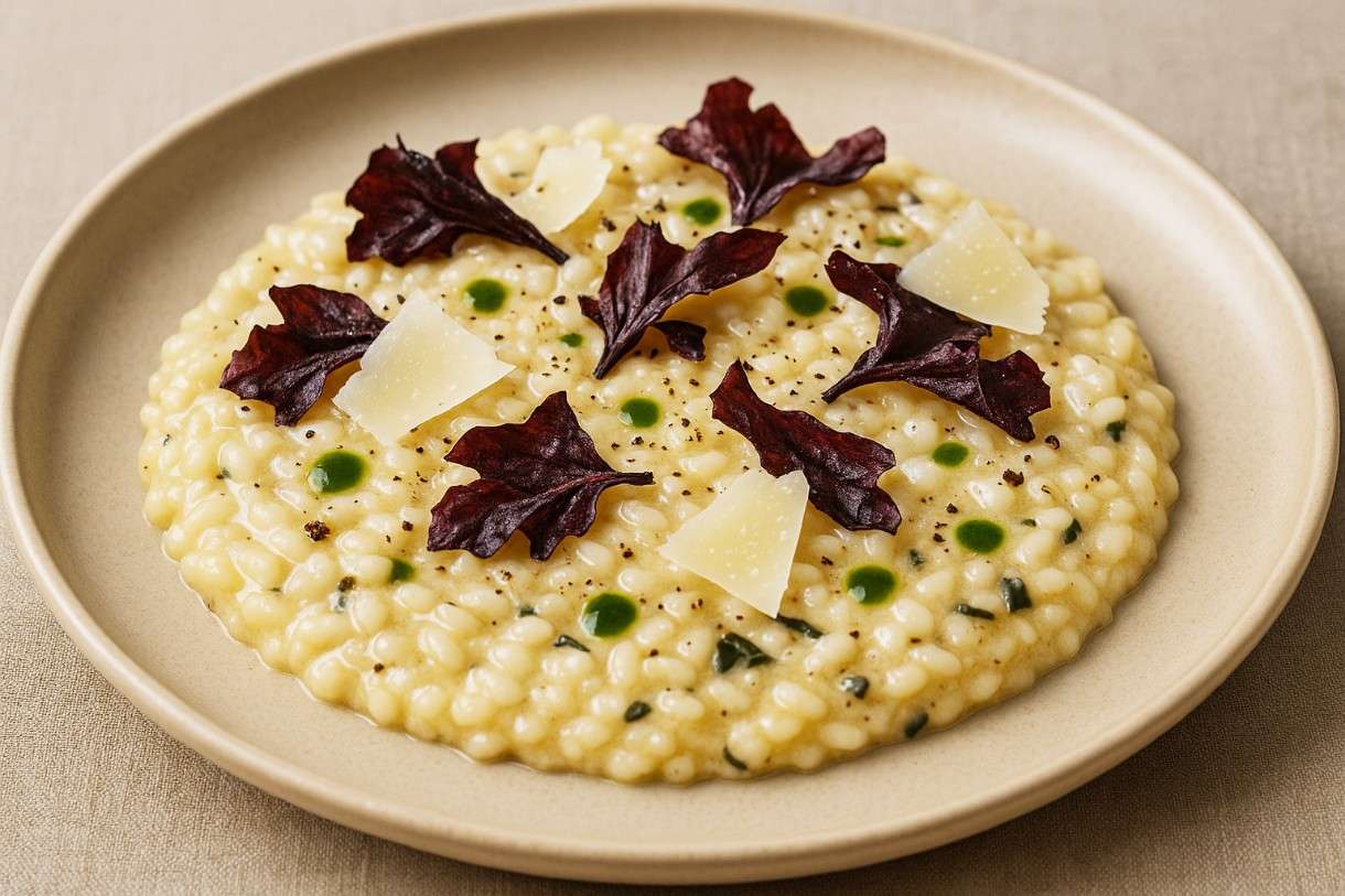 Moderne französische Küche mit Algen: Risotto Crémeux au Dulse et Parmesan Vieilli