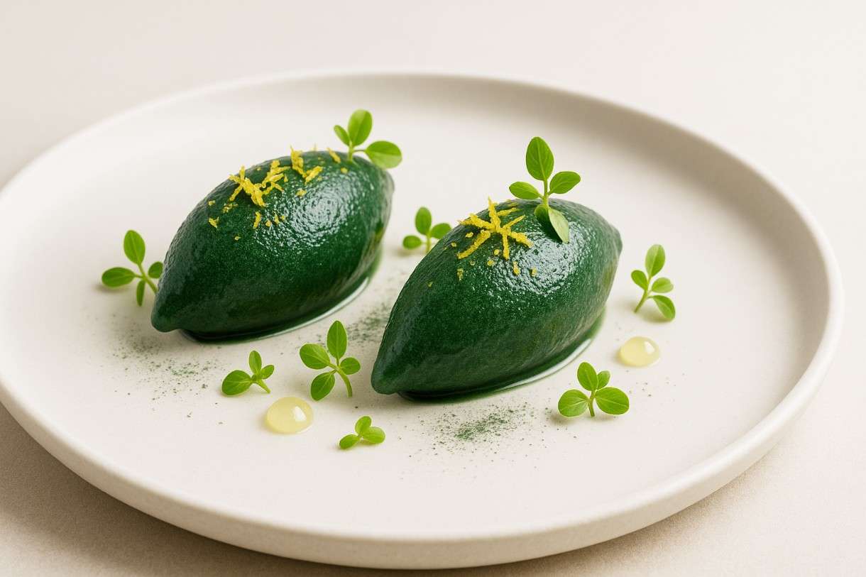 Moderne französische Küche mit Algen: Sorbet Citron-Spiruline – ein Dessert mit Meeresbrise