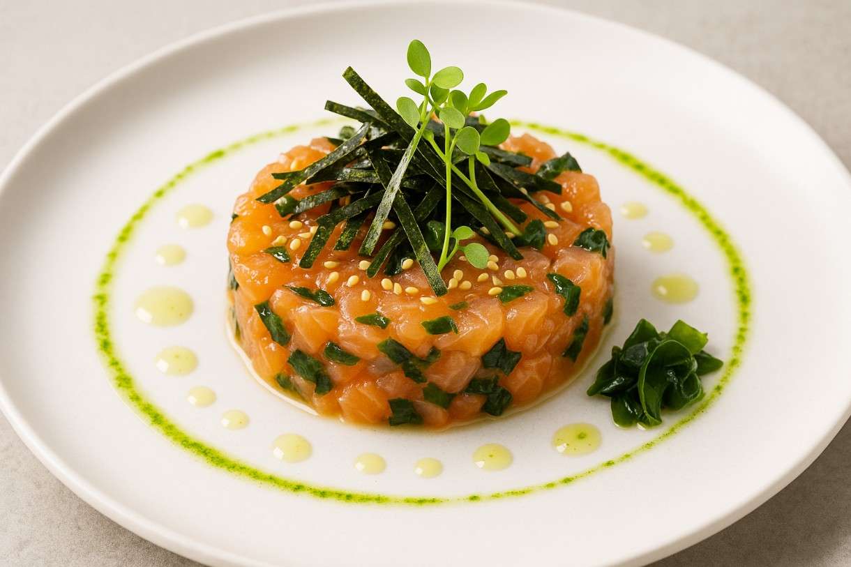 Moderne französische Küche mit Algen: Tartare de Saumon aux Algues et Citron Yuzu