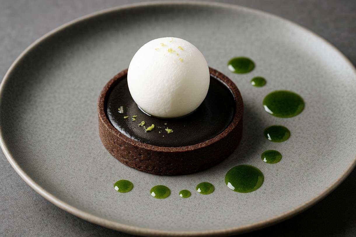 Tarte au citron noir mit Meringue-Sphäre & Basilikumöl