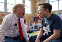 D-Day in der Schattenwelt des Egos: Wie wir das Wesentliche aus den Augen verlieren Trump_Musk_Kindergarten_Illustration