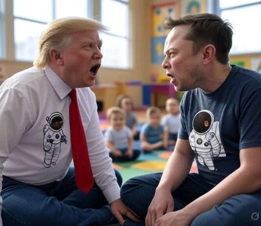 D-Day in der Schattenwelt des Egos: Wie wir das Wesentliche aus den Augen verlieren Trump_Musk_Kindergarten_Illustration