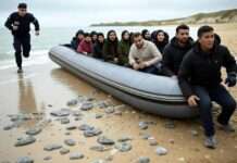 Zerstochenes Schlauchboot – zerrissene Prinzipien Flüchtlinge_Schlauchboot_Boot_Ärmelkanal_Illustration