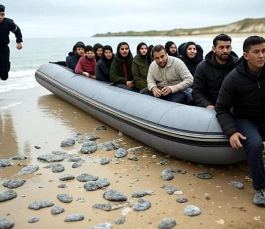 Zerstochenes Schlauchboot – zerrissene Prinzipien Flüchtlinge_Schlauchboot_Boot_Ärmelkanal_Illustration