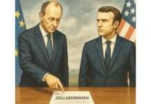 Trump, Zölle und die transatlantische Nervenprobe – EU und USA vor entscheidendem Handelsdeal? Macron_Merz_Zollabkommen_USA_Illustration