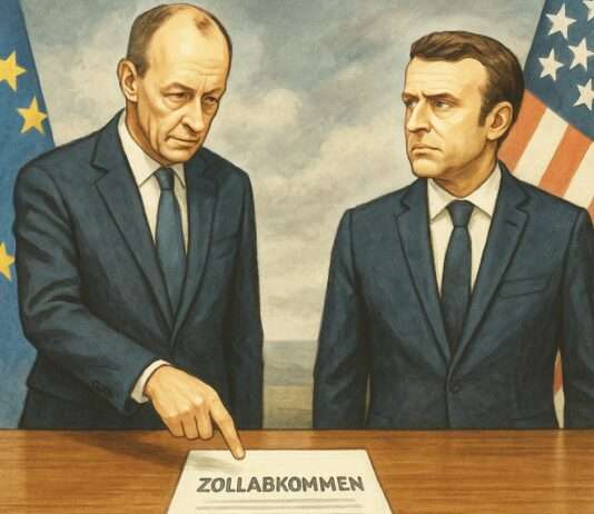 Trump, Zölle und die transatlantische Nervenprobe – EU und USA vor entscheidendem Handelsdeal? Macron_Merz_Zollabkommen_USA_Illustration