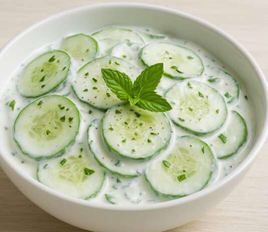 Isotonisches für die ganz heißen Tage: Salade de concombre à la menthe et yaourt grec salé Salade-de-concombre-à-la-menthe-et-yaourt-grec-salé