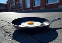 Lehrer brät Ei in der Sonne – der Hilfeschrei eines Collèges im Hitzekoma Spiegelei_Asphalt_Pfanne_Pausenhof_Illustration