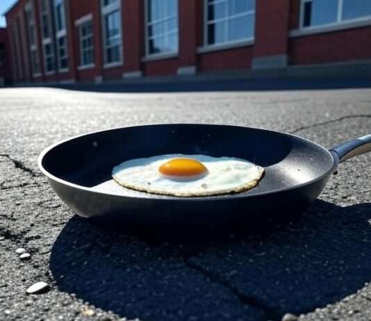 Lehrer brät Ei in der Sonne – der Hilfeschrei eines Collèges im Hitzekoma Spiegelei_Asphalt_Pfanne_Pausenhof_Illustration