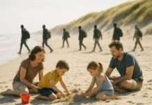 Verlorene Horizonte – Wie die Côte d’Opale zwischen Urlaubsidylle und Fluchttragödie zerrissen wird Touristen_Migranten_Strand_Ärmelkanal_Illustration