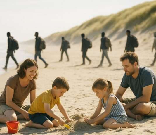 Verlorene Horizonte – Wie die Côte d’Opale zwischen Urlaubsidylle und Fluchttragödie zerrissen wird Touristen_Migranten_Strand_Ärmelkanal_Illustration