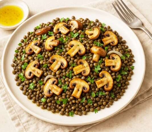 Salade tiède de lentilles du Puy et champignons sautés Lauwarmer-Linsensalat-mit-gebratenen-Pilzen