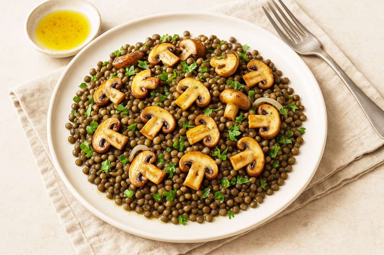 Salade tiède de lentilles du Puy et champignons sautés