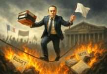 Kommentar:Herr Lecornu, Ihre Strategie? Ein Nebelkerzen-Ballett auf einem brennenden Haushalt… Lecornu_Drahtseilakt_Schulden_Illustration