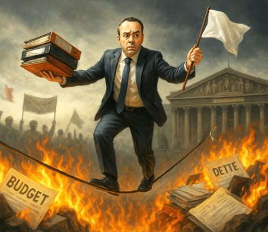 Kommentar:Herr Lecornu, Ihre Strategie? Ein Nebelkerzen-Ballett auf einem brennenden Haushalt… Lecornu_Drahtseilakt_Schulden_Illustration