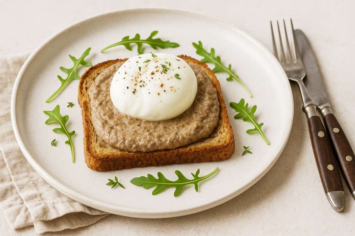 Œufs pochés sur toast de pain complet et purée de champignons - Ein französisches Herbstgedicht auf dem Teller