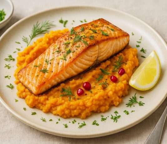 Pavé de saumon, écrasé de patates douces – Ein leichtes französisches Herbstgericht mit Eleganz Pavé-de-saumon-écrasé-de-patates-douces