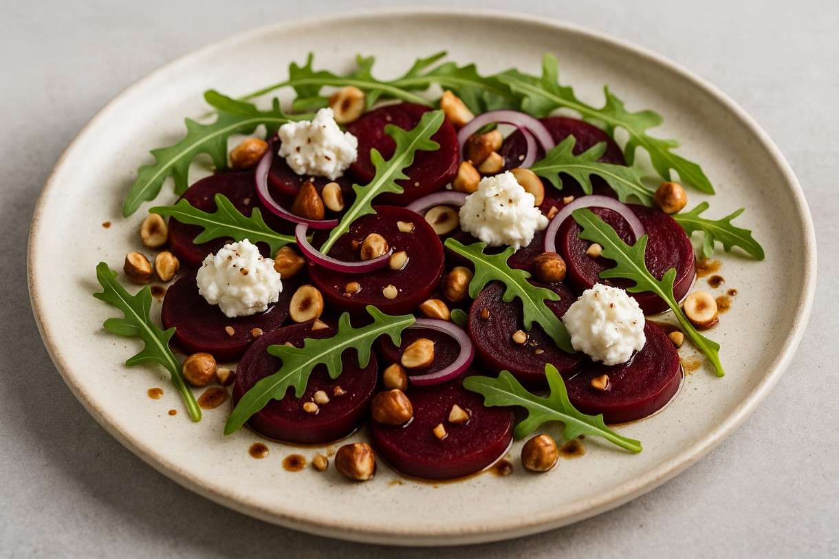 Salade de betteraves, noisettes et fromage frais