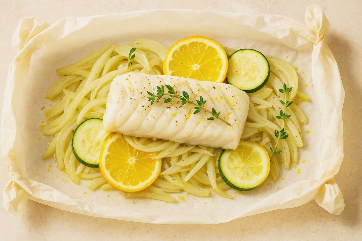 Cabillaud en papillote, fenouil et agrumes - Kabeljau in Pergament mit Fenchel und Zitrusfrüchten