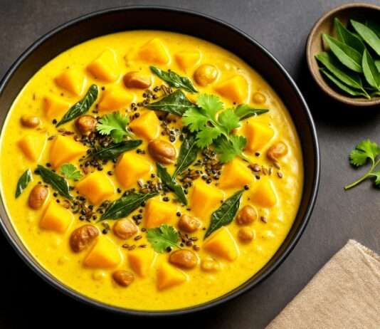 Cremiges Maronen-Kürbis-Dal mit gerösteten Curryblättern Cremiges-Maronen-Kürbis-Dal-mit-gerösteten-Curryblättern