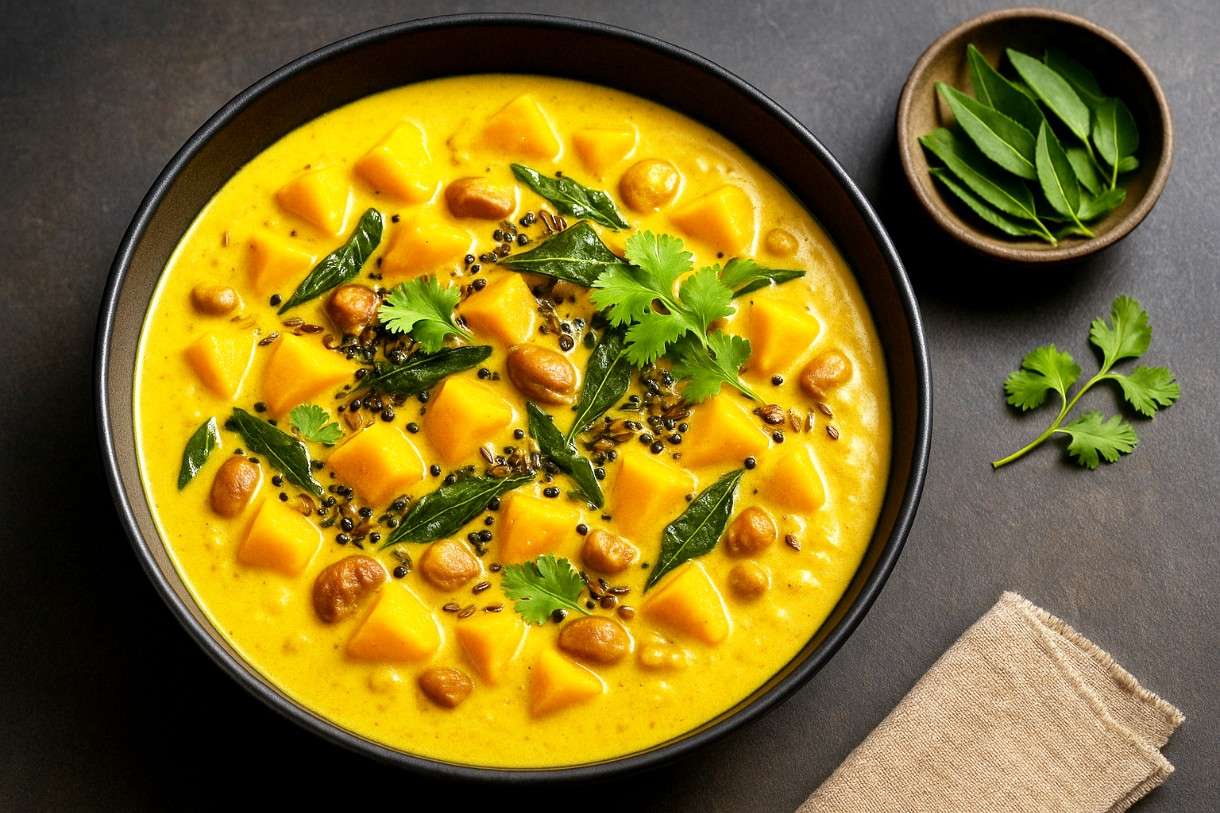 Cremiges Maronen-Kürbis-Dal mit gerösteten Curryblättern