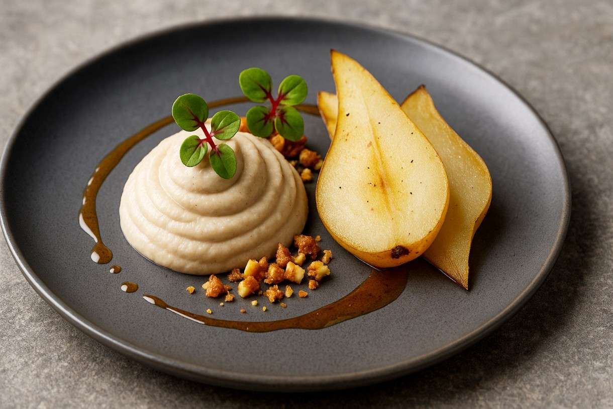 Fermentierte Maronencreme mit geräucherter Birne